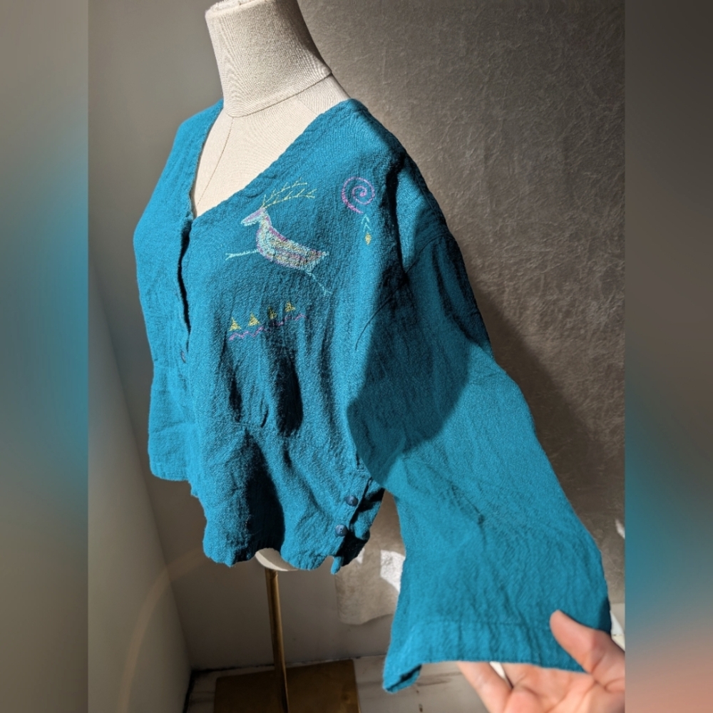 VTG Cotton Sleeve Shirt Hand Paint Hyroglyph Caribou Teal V Neck